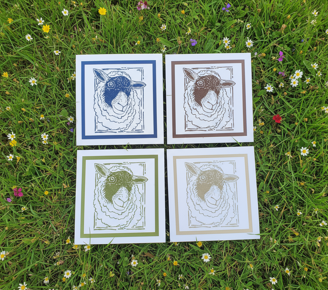 Set of Four Lino Cut Style Stamped Sheep Cards
