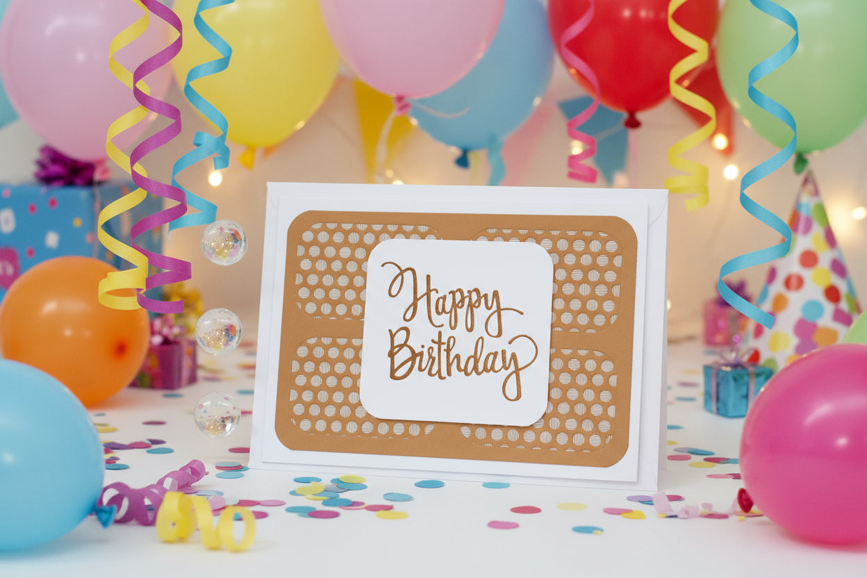 Birthday card with colorful balloons and streamers in the background