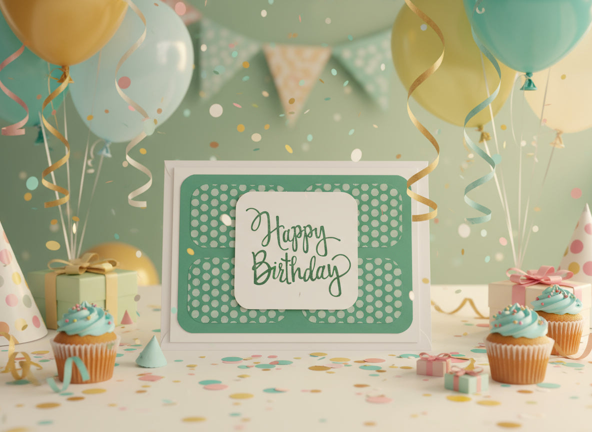 A colorful handmade birthday card with 'Happy Birthday' text on it, accompanied by a envelope and two decorative elements on the side.