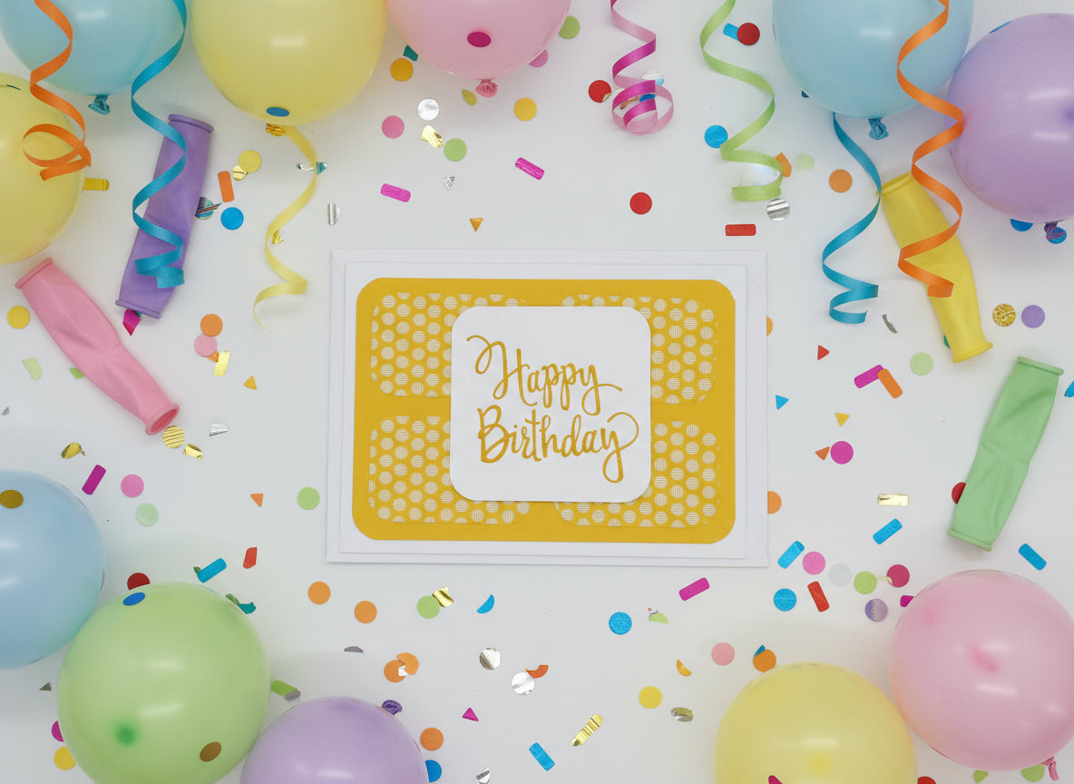 Happy Birthday card with colorful balloons and confetti on a white background