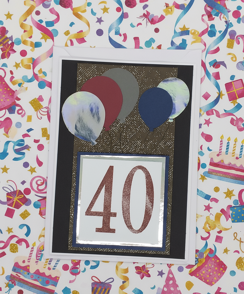A decorated 40th birthday card with hand-stamped designs, balloons in different colors, and the number 40 prominently displayed.