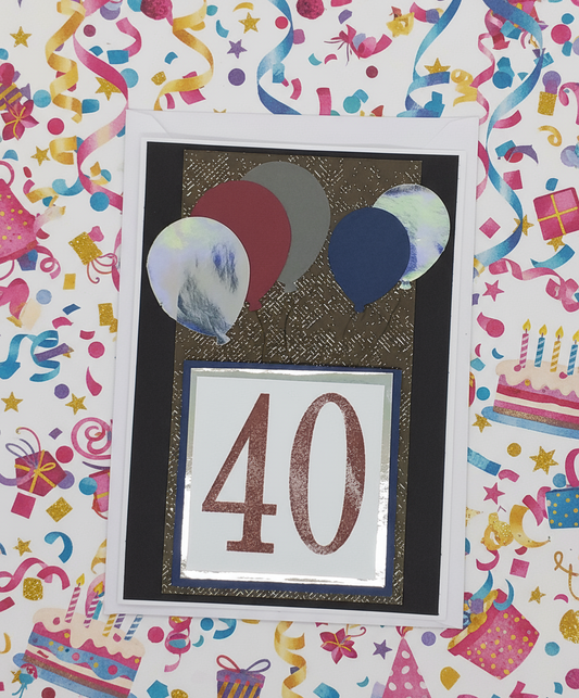 A decorated 40th birthday card with hand-stamped designs, balloons in different colors, and the number 40 prominently displayed.