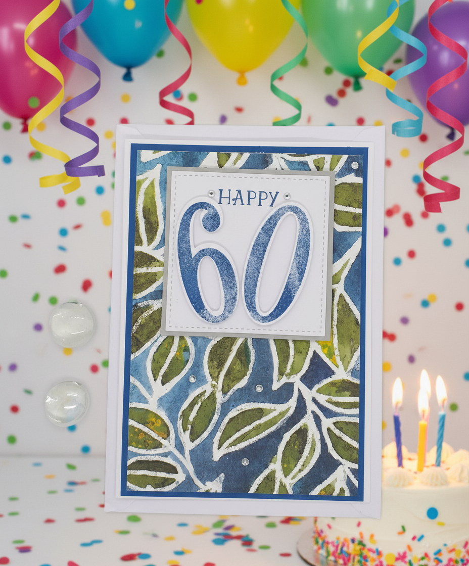 A birthday card with 'HAPPY 60' written on it, set against a patterned background, accompanied by two transparent envelopes.
