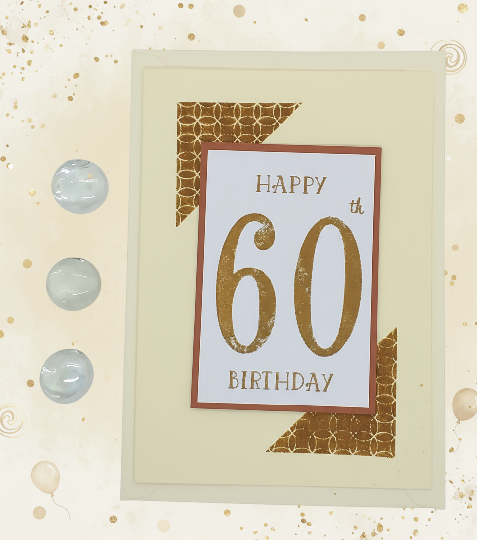 A6 birthday card with 'Happy 60th Birthday' text, layered on a beige and gold patterned card, with three clear embellishments in front.