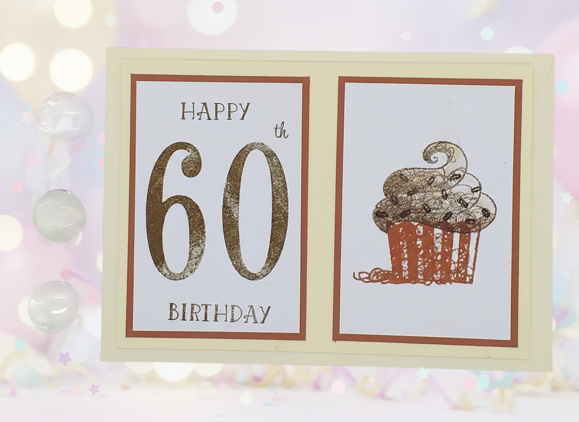 A handmade A6 birthday card with a cupcake design, featuring 'Happy 60th Birthday' text, and an envelope. The card and envelope are displayed against a neutral background, with the card featuring gold and brown colors, and the envelope is plain white.