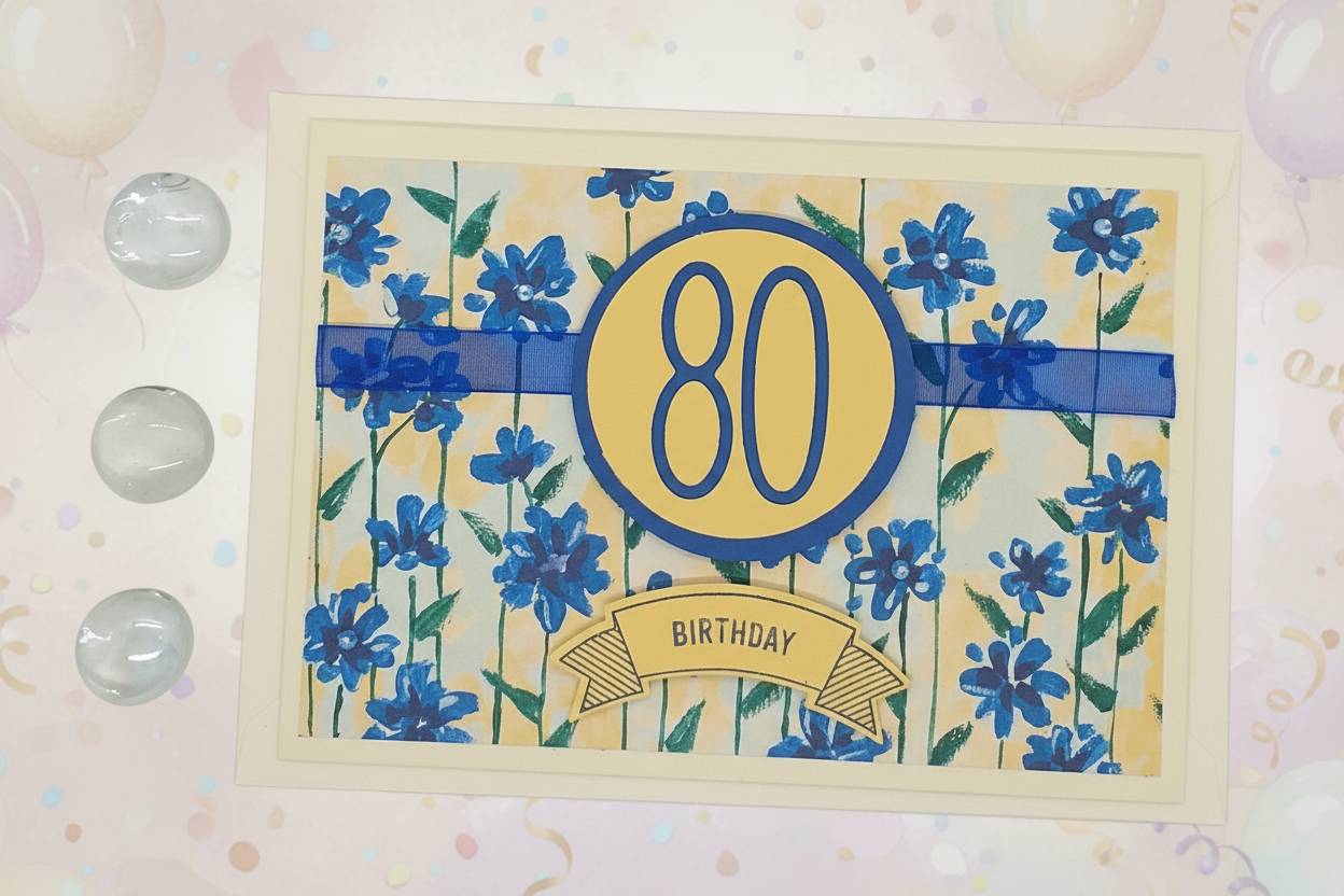 A hand-stamped greeting card with a floral design and '80' printed on it, accompanied by two clear round embellishments on the side.