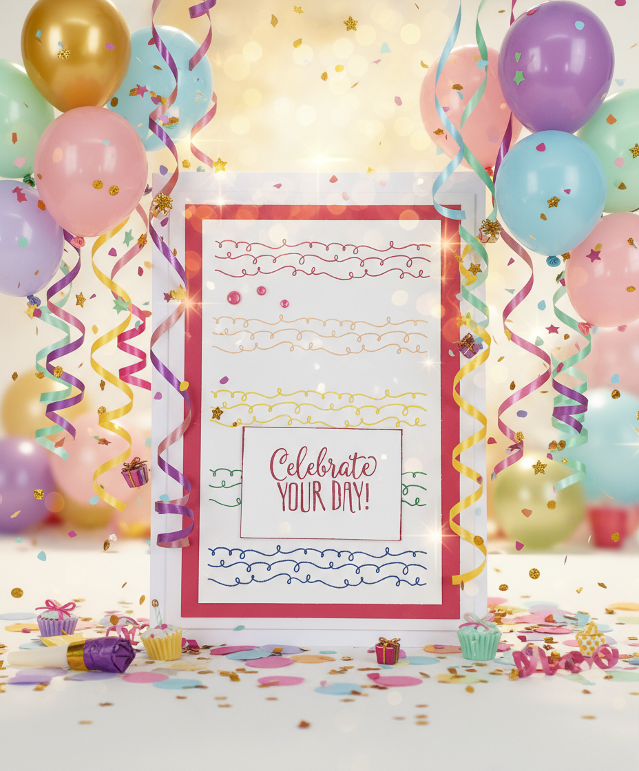 Decorative birthday card with balloons and confetti on a white background