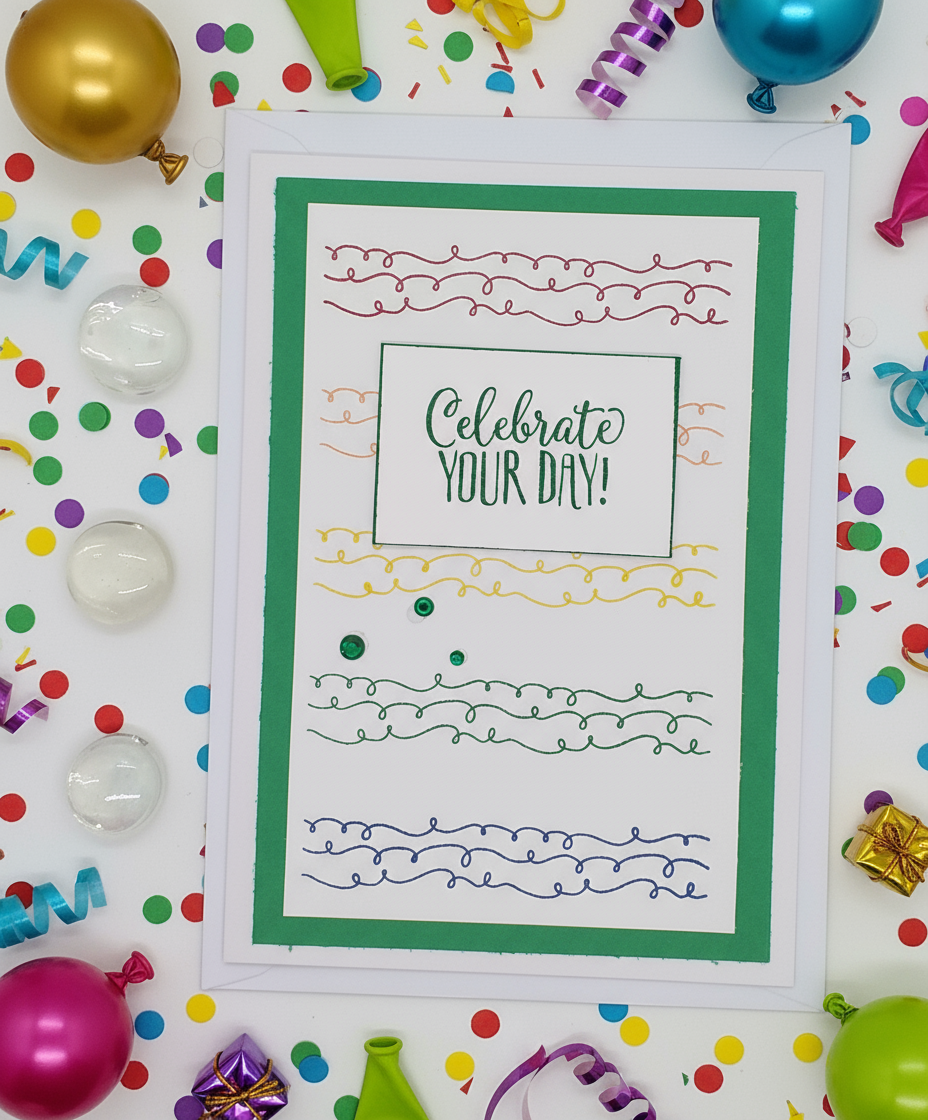 Card with 'Celebrate Your Day!' text surrounded by colorful party decorations on a white background
