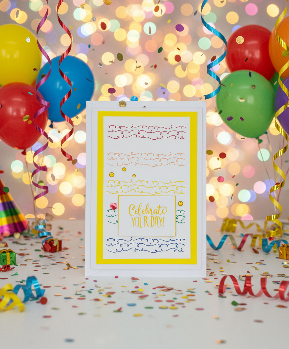 Framed birthday card with colorful balloons and decorations in the background