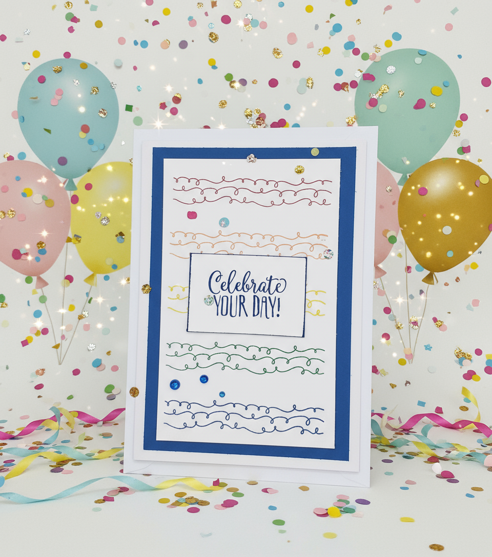 A handcrafted greeting card with a blue and white design, featuring the text 'Celebrate Your Day!' and decorative elements, accompanied by an envelope and decorative gemstones in front.
