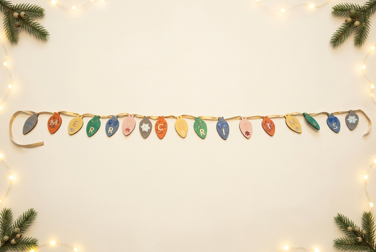 Festively styled Merry Christmas wooden garland