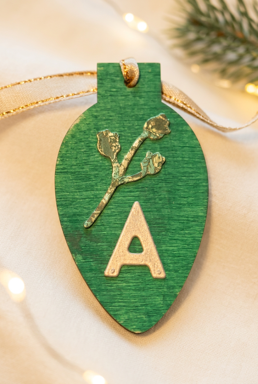 Green wooden bulb detail with festive background
