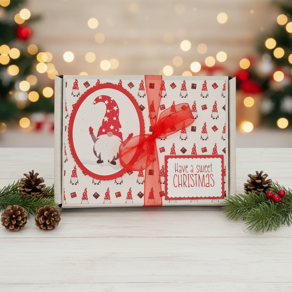 Hand decorated red and white gnome A5 gift box with four Divine chocolate bars and six mini bars, in a festive Christmas setting