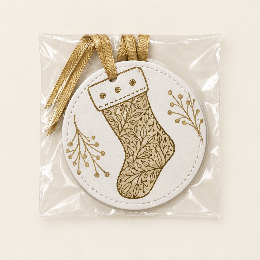 Gold hand-stamped Christmas stocking card gift tags with ribbon
