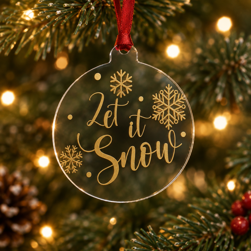 Gold Let it Snow Christmas disc decoration with a red ribbon hanging among festive lights