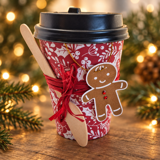 Gingerbread coffee and cookies set in a red leaves and berries cup with festive lights