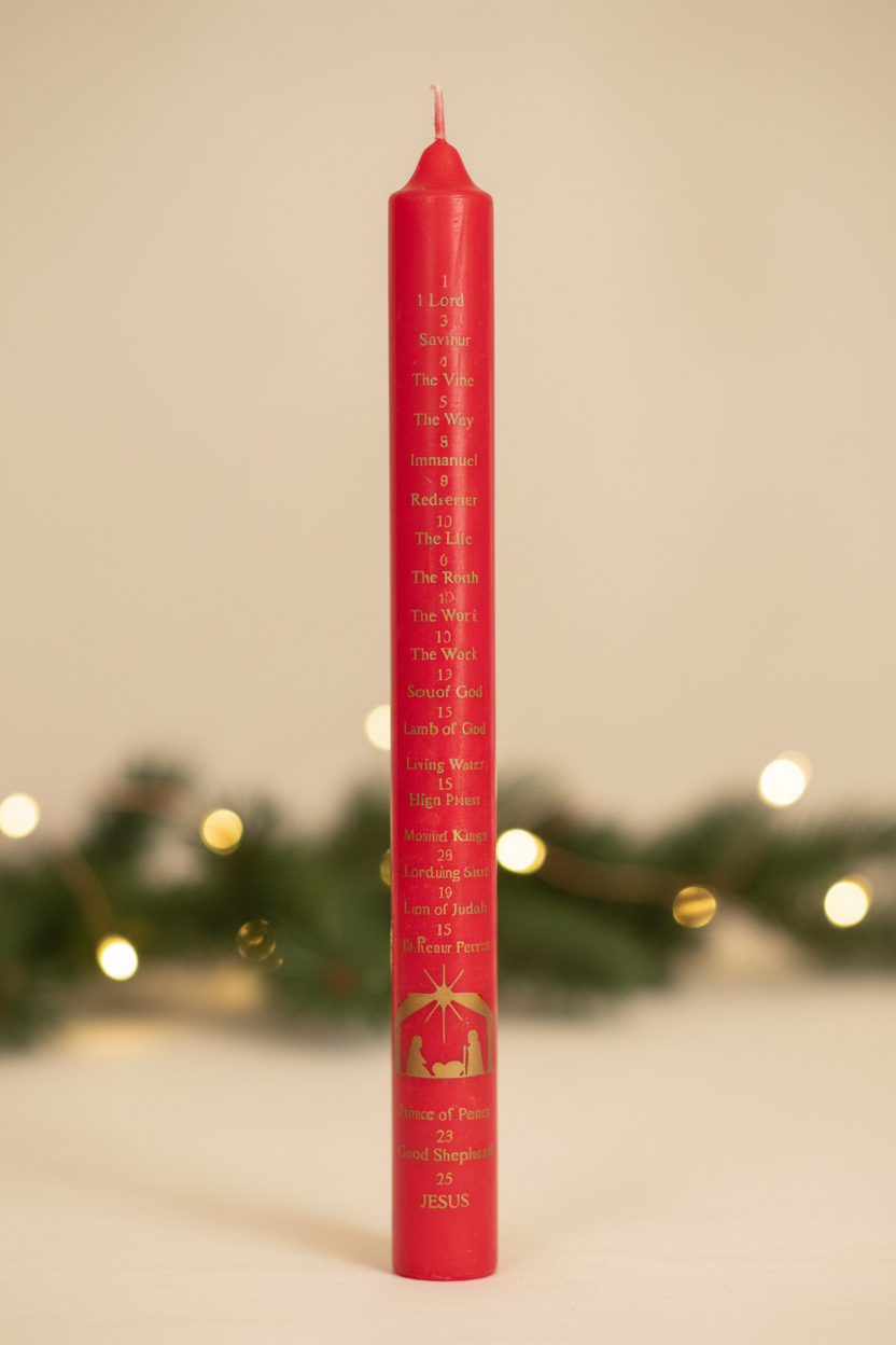 Red Names of Jesus Advent candle with gold print in a warm festive Christmas setting