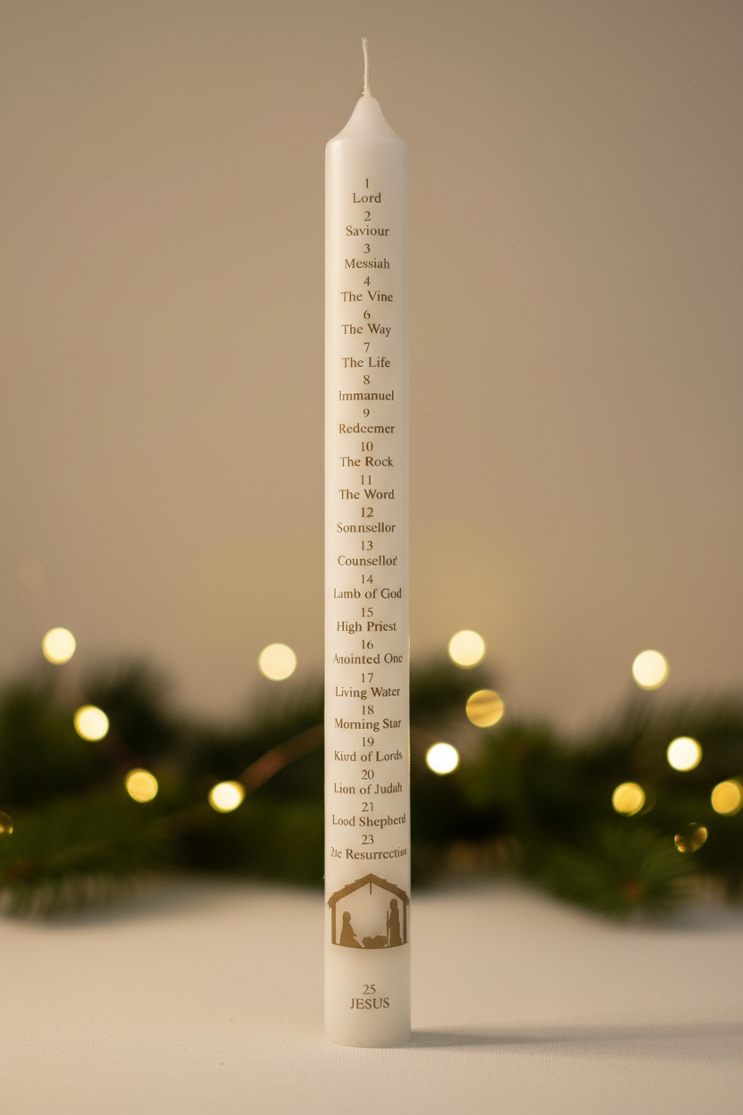 White Names of Jesus Advent candle with gold print in a warm festive Christmas setting