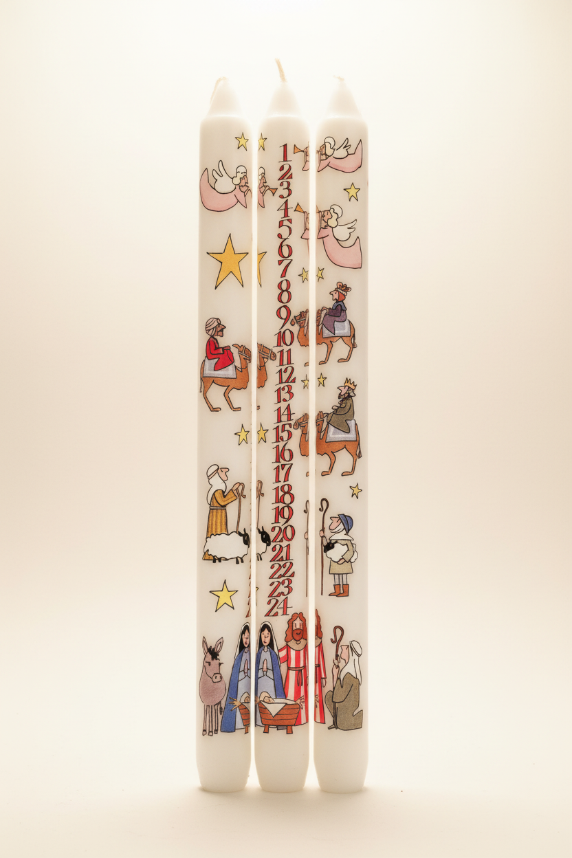 Three Nativity Advent candles with Alison Gardiner artwork on a warm off-white background