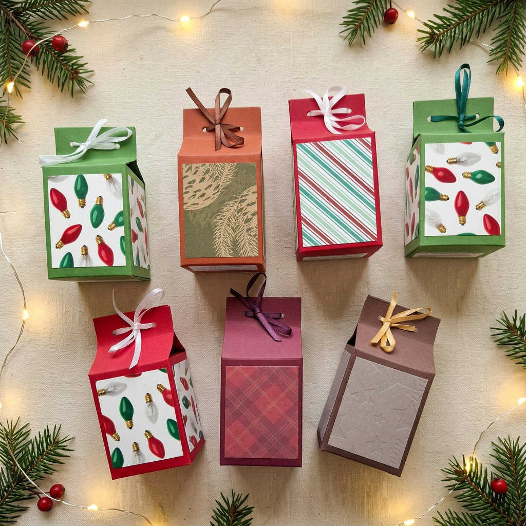 Selection of seven Christmas lucky-dip gift boxes with festive greenery and warm fairy lights