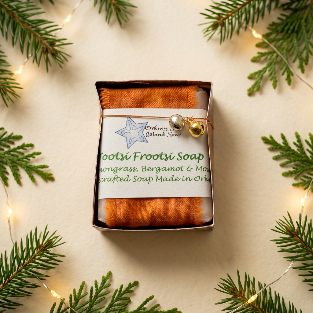 Orange-banded Tootsi Frootsi boxed soap with decorative bells in a festive setting