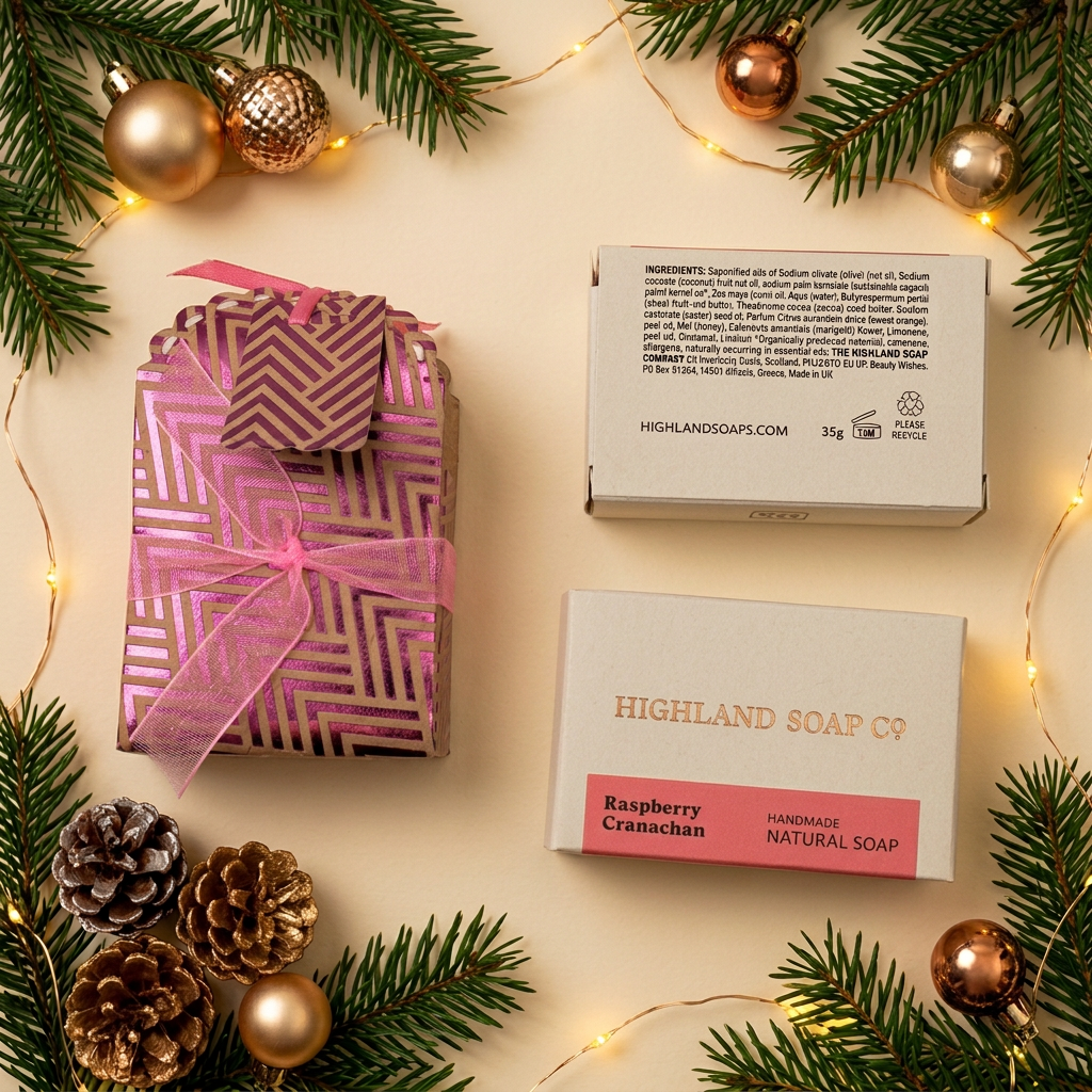 Pink Raspberry Cranachan soap gift box with soap packaging and Christmas decorations