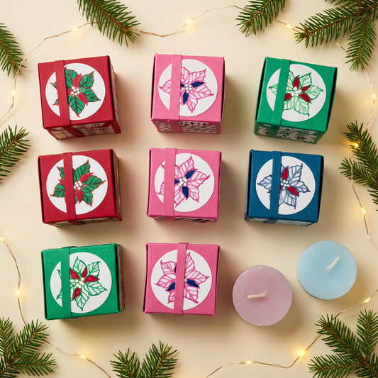 Eight small Christmas gift boxes and two votive candles with festive greenery and warm fairy lights