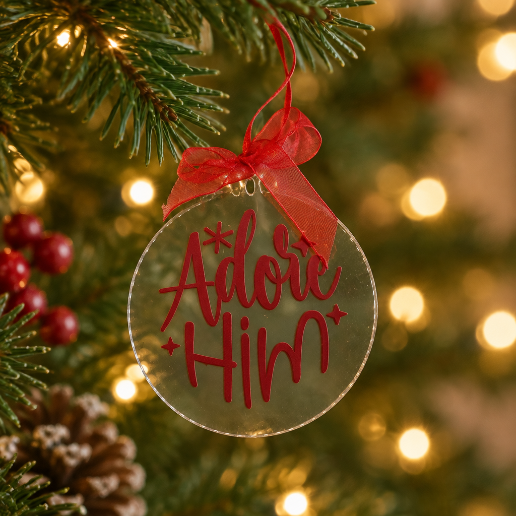 Adore Him red writing Christmas disc with red ribbon in a festive setting