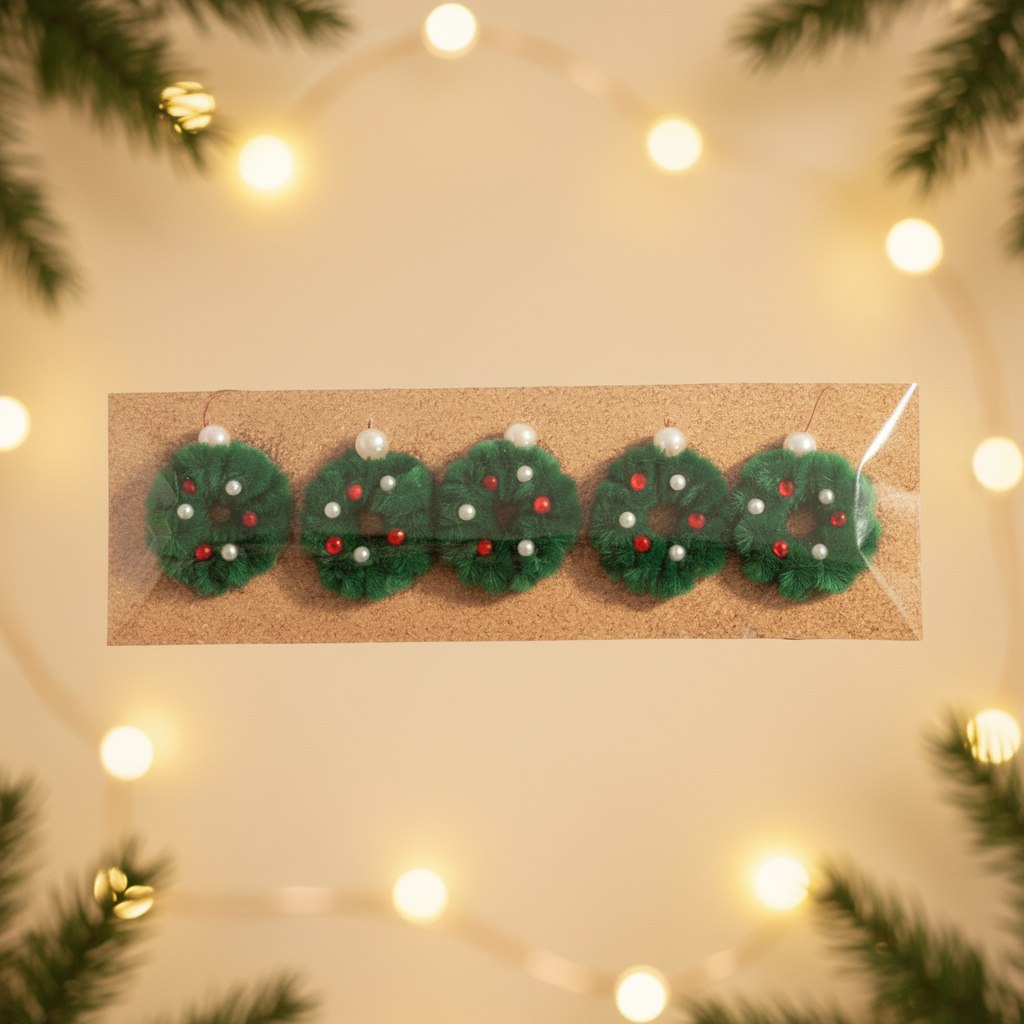 Set of five mini green Christmas wreath decorations in clear cello wrap with a warm festive background