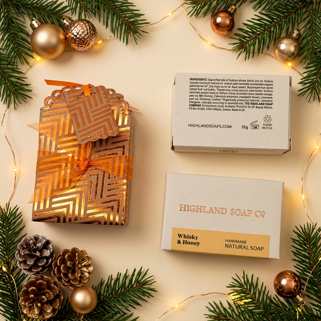 Orange Whisky and Honey soap gift box with soap packaging and Christmas decorations