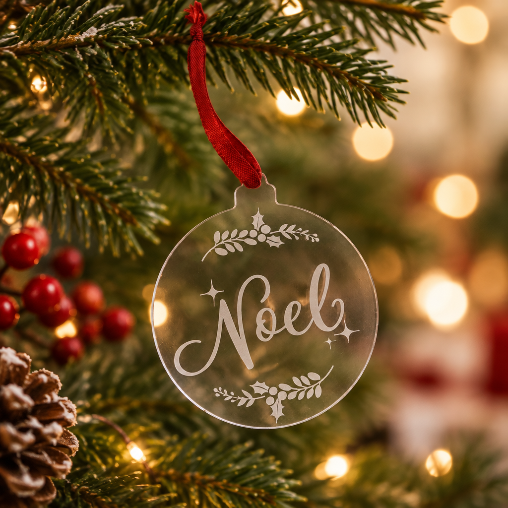 Noel Christmas disc decoration in a festive setting, third colour
