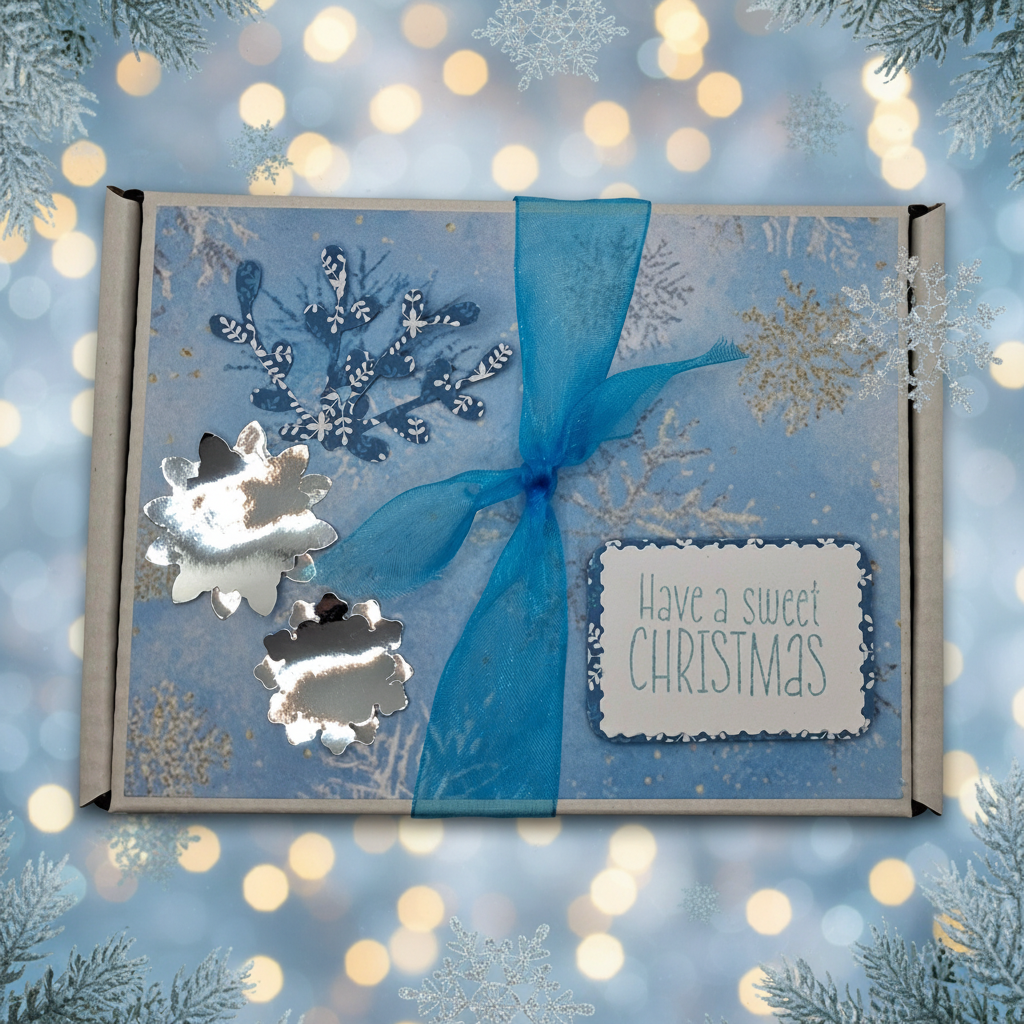 Blue and silver snowflake Divine chocolate gift box with blue ribbon in a festive Christmas setting