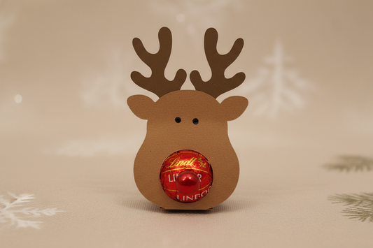 Handmade kraft-cardstock reindeer chocolate holder with a red Lindor nose