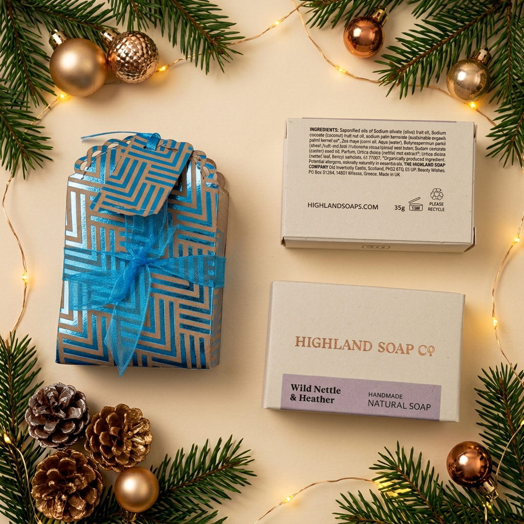 Blue Wild Nettle and Heather soap gift box with soap packaging and Christmas decorations
