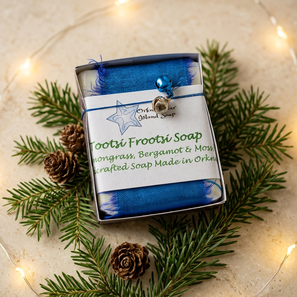 Blue-banded Tootsi Frootsi boxed soap with decorative bells in a festive setting