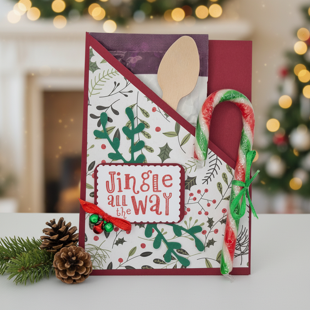 Hand decorated Jingle All the Way A5 hot chocolate folder with candy cane and jingle bells, in a festive Christmas setting