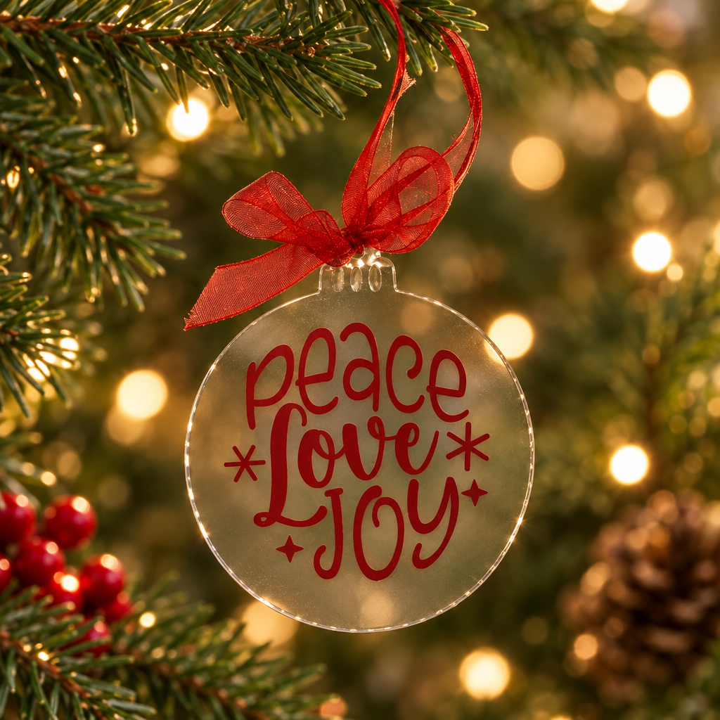 Peace Love Joy red writing Christmas disc with red ribbon in a festive setting