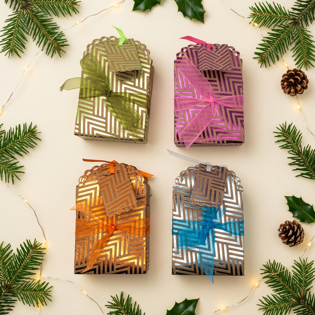Four ribbon-decorated Highland Soap Company gift boxes with festive styling