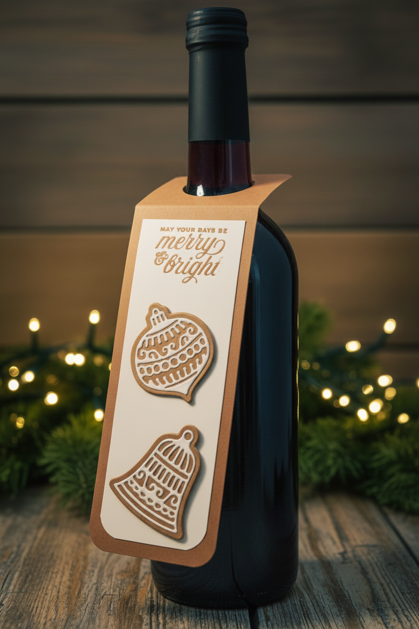 Handmade kraft brown Merry & Bright Christmas tag hanging over the neck of a dark bottle, with fairy lights and greenery behind