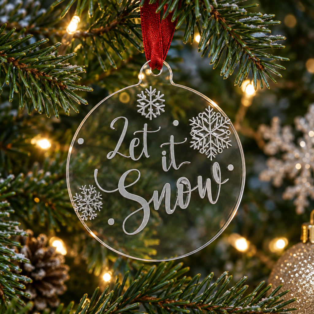 Silver Let it Snow Christmas disc with red ribbon and frosty evergreen branches