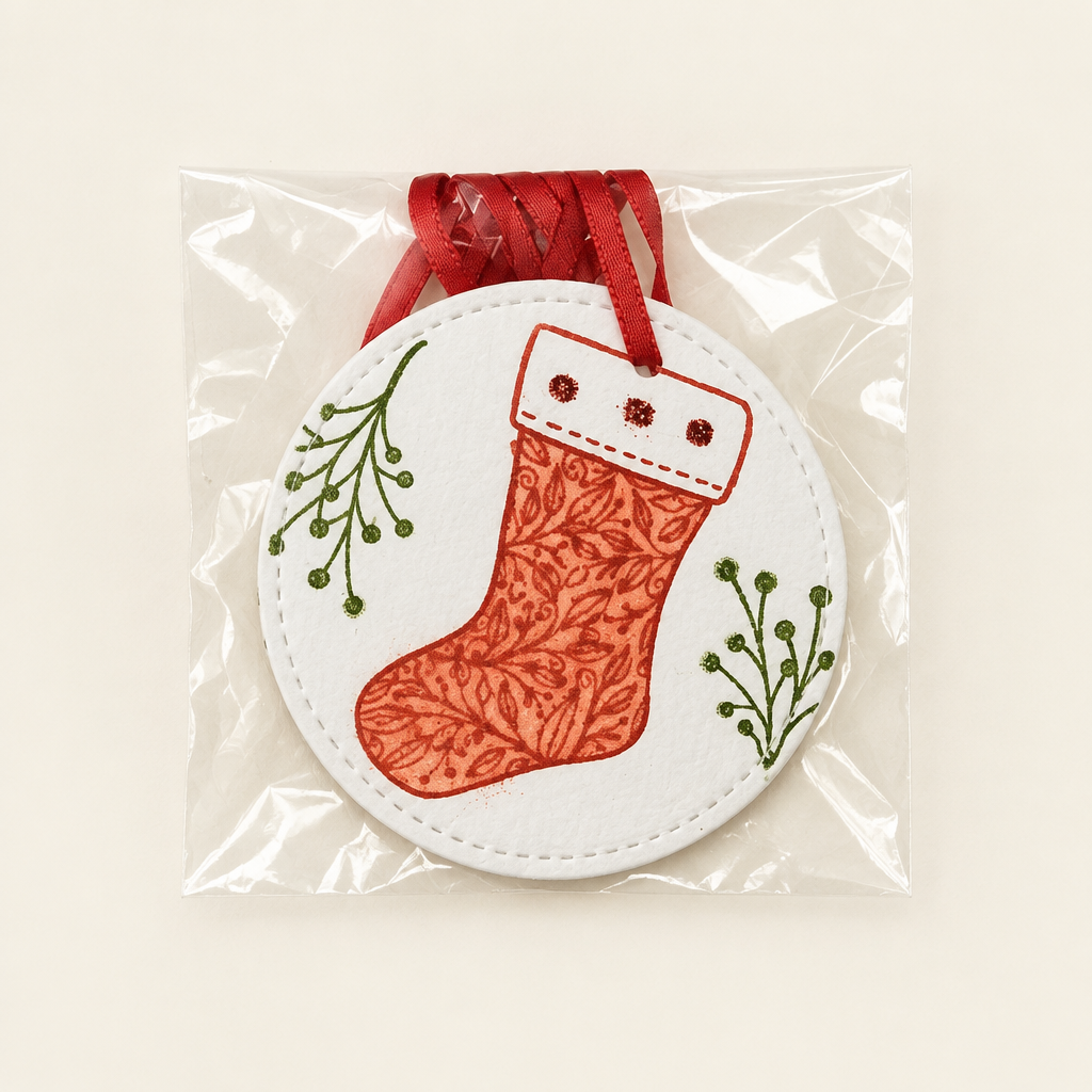 Red hand-stamped Christmas stocking card gift tags with ribbon