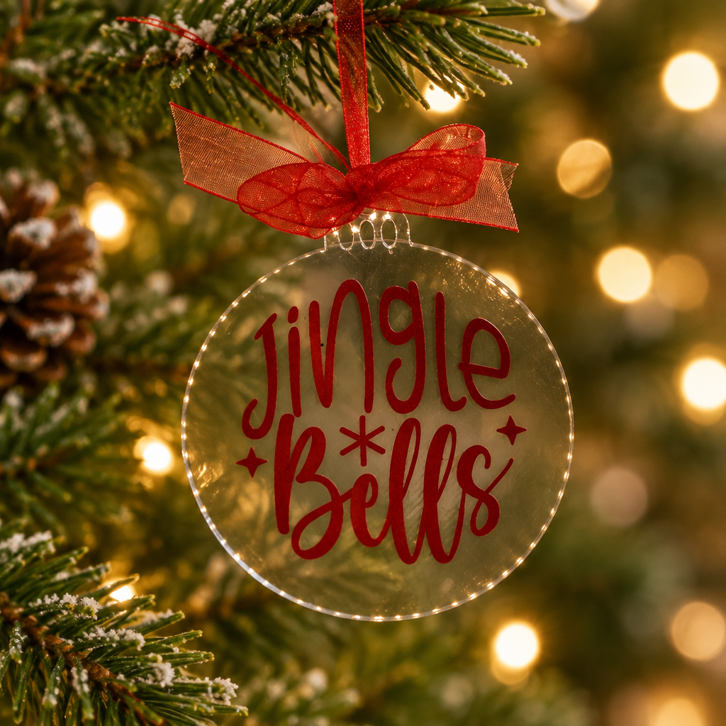 Jingle Bells red writing Christmas disc with red ribbon in a festive setting