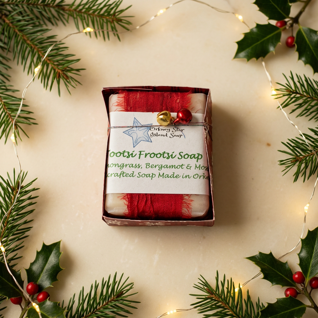 Red-banded Tootsi Frootsi boxed soap with decorative bells in a festive setting