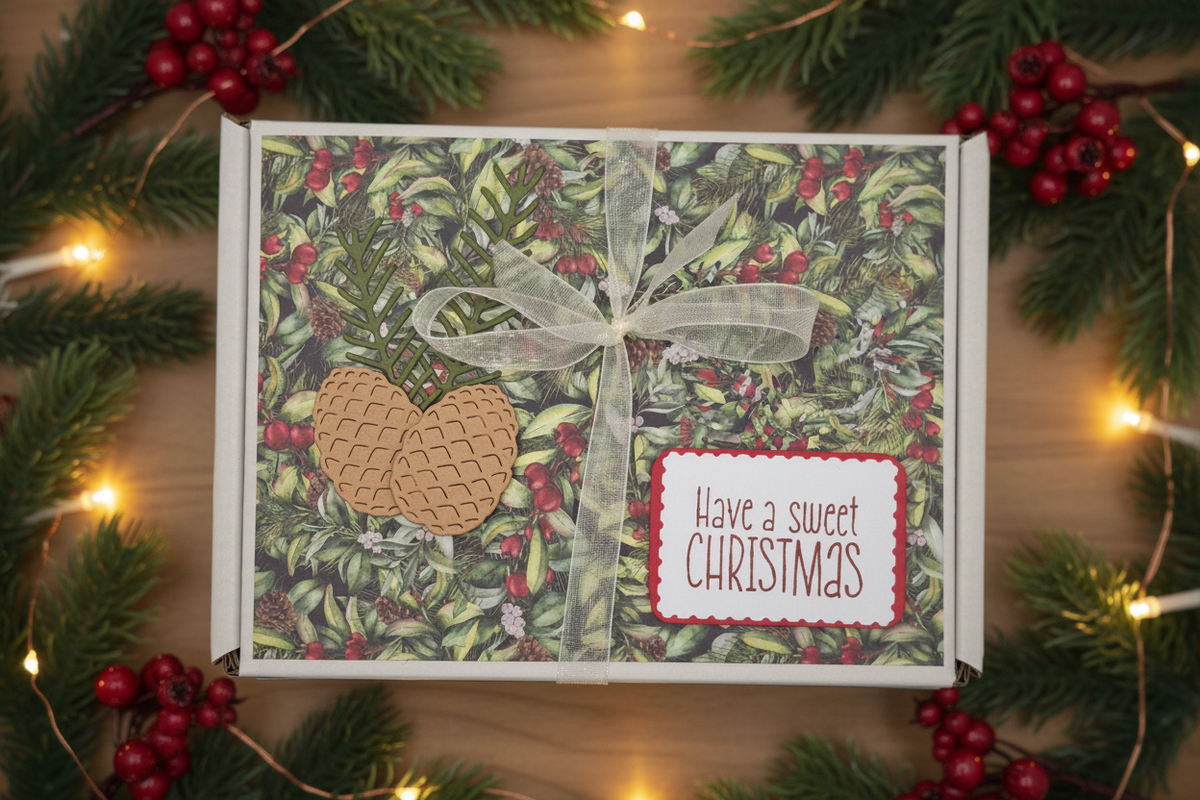 Traditional foliage Christmas Divine chocolate gift box with leaves, berries and pine cones, surrounded by evergreen foliage, red berries and warm fairy lights
