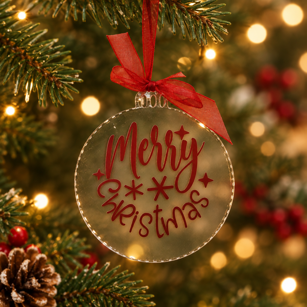 Merry Christmas red writing Christmas disc with red ribbon in a festive setting