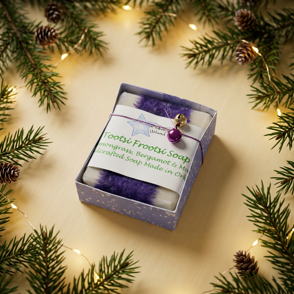 Purple-banded Tootsi Frootsi boxed soap with decorative bells in a festive setting