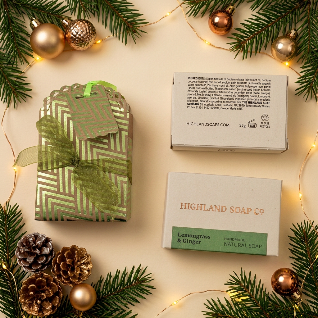Green Lemongrass and Ginger soap gift box with soap packaging and Christmas decorations