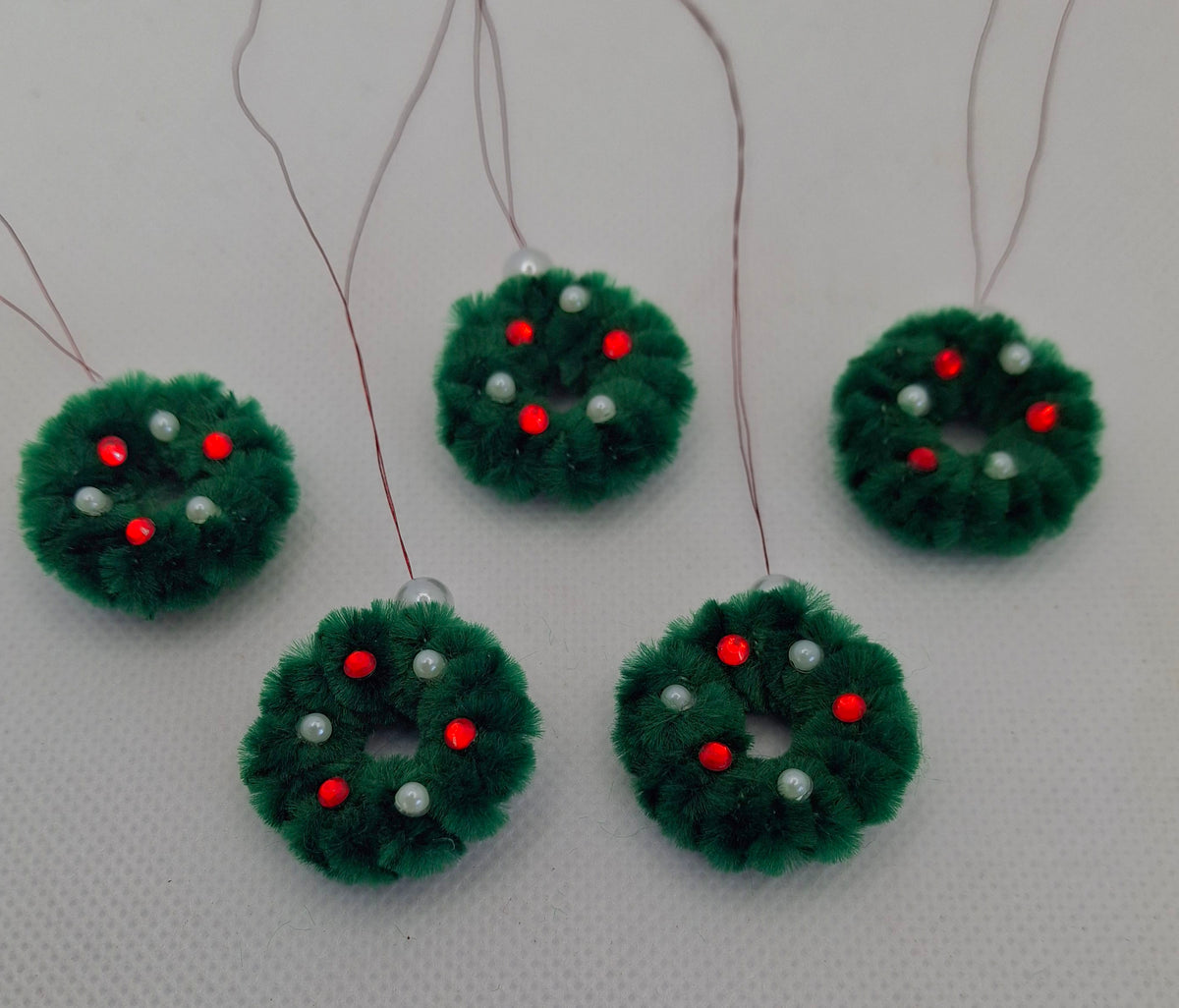 Set of Five Mini Green Christmas Wreath Decorations