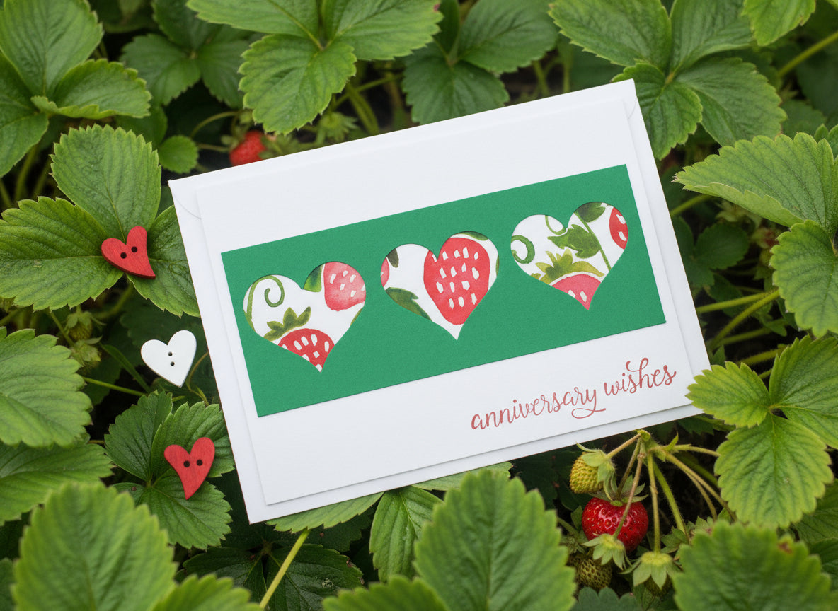 An anniversary card with a green background and three red heart-shaped strawberry designs, accompanied by a small red envelope and two small red heart-shaped decorations.