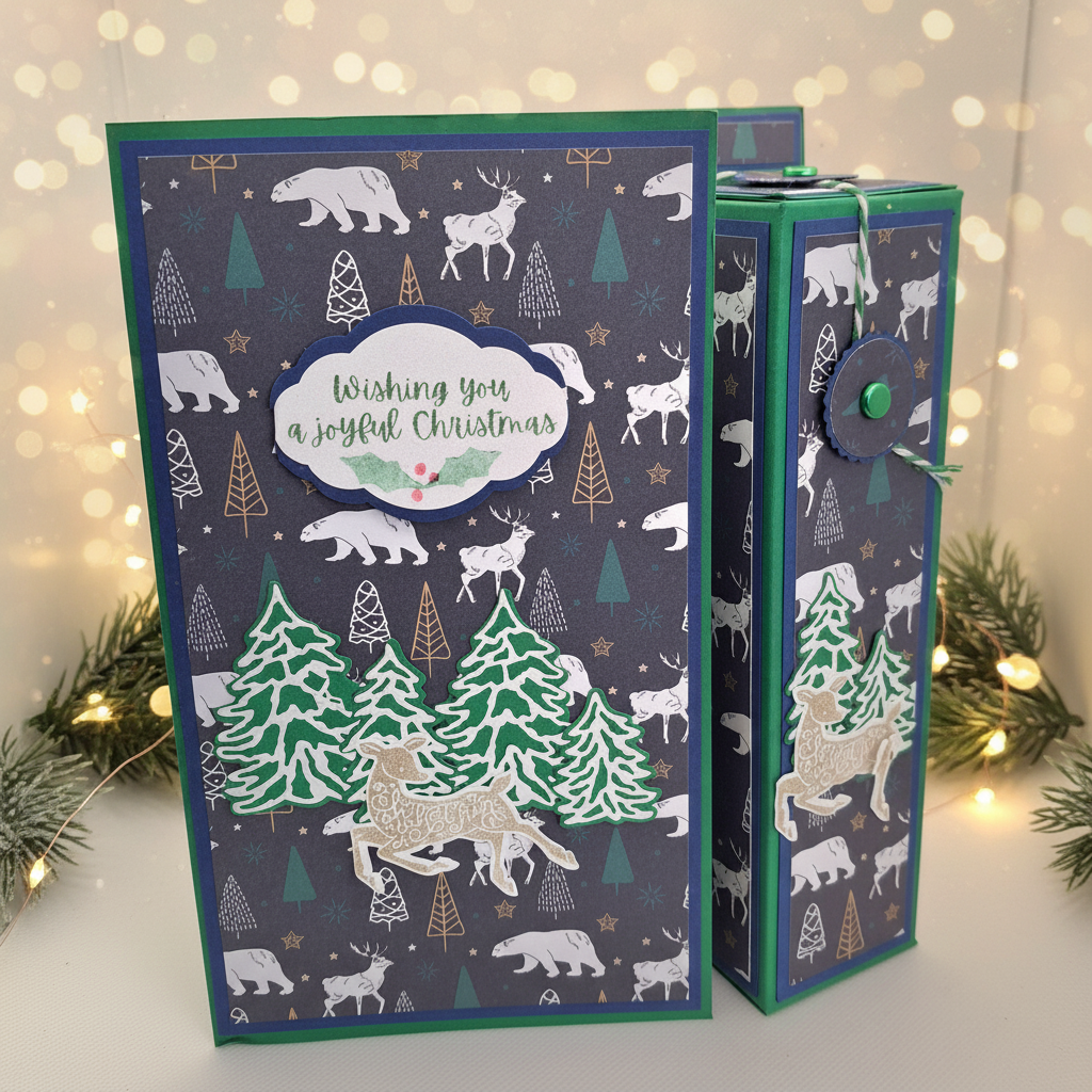 Woodland Animals Wine Bottle Gift Card with festive Christmas background